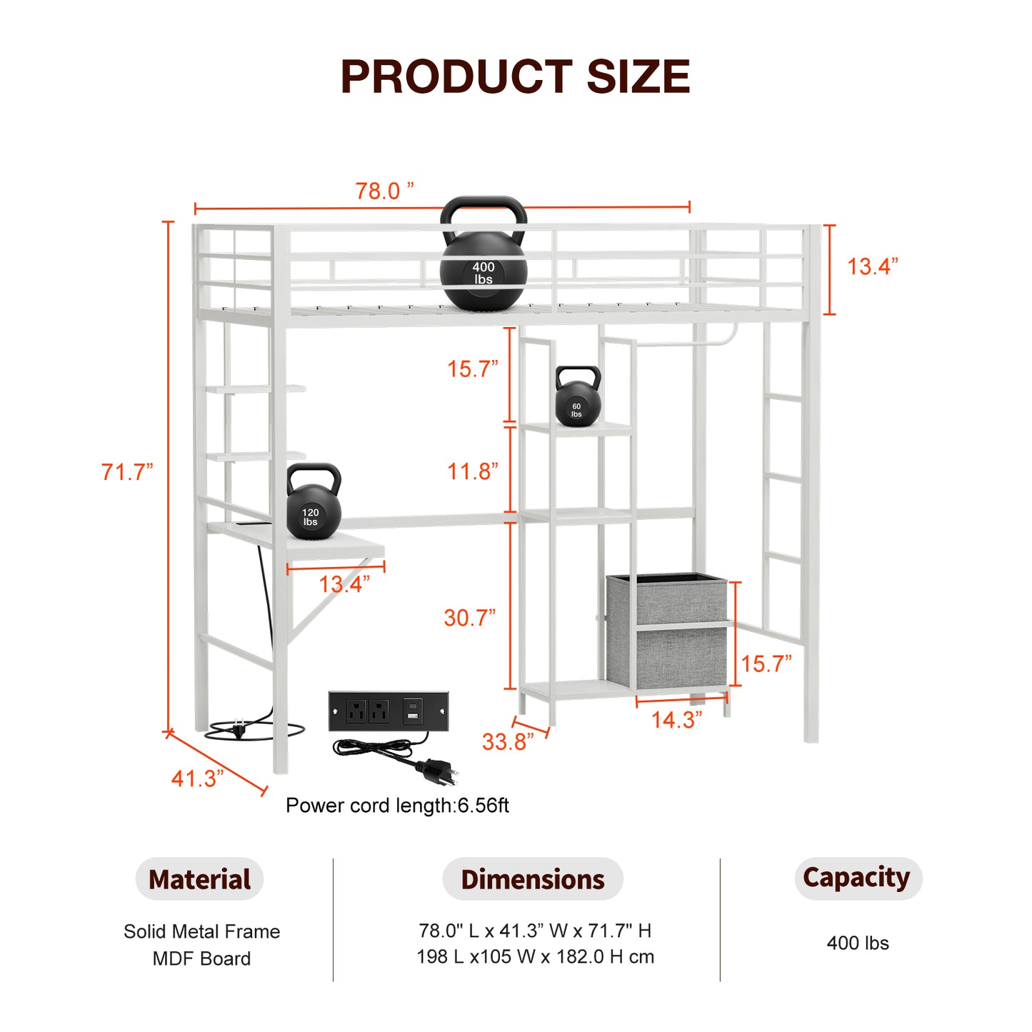 Metal Twin Loft Bed with Desk and Storage Shelves, LED Lights & Charging Station, Loft Bed Frame with 13.4” Guardrail