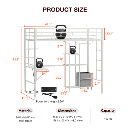 Metal Twin Loft Bed with Desk and Storage Shelves, LED Lights & Charging Station, Loft Bed Frame with 13.4” Guardrail