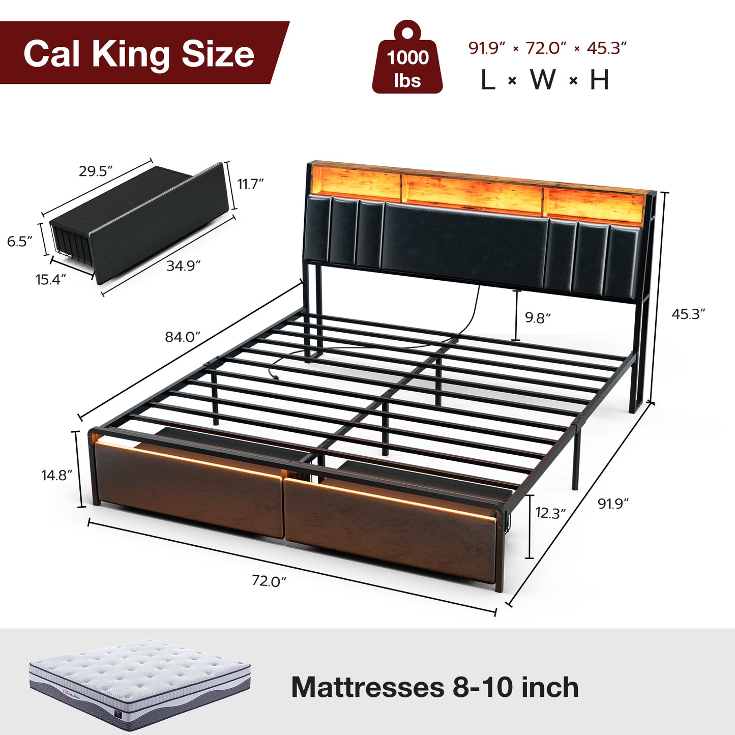 LED Bed Frames with Storage Drawers, Storage Upholstered headboard with Charging Station