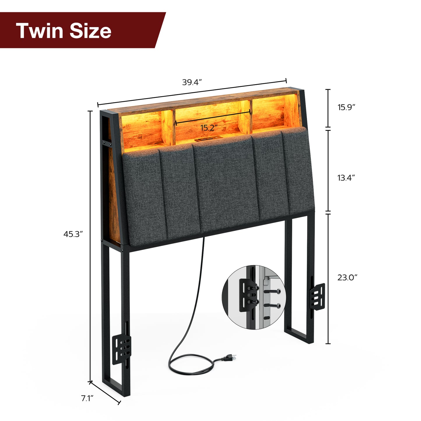 Headboard with Charging Station, LED Lights and Hidden Storage