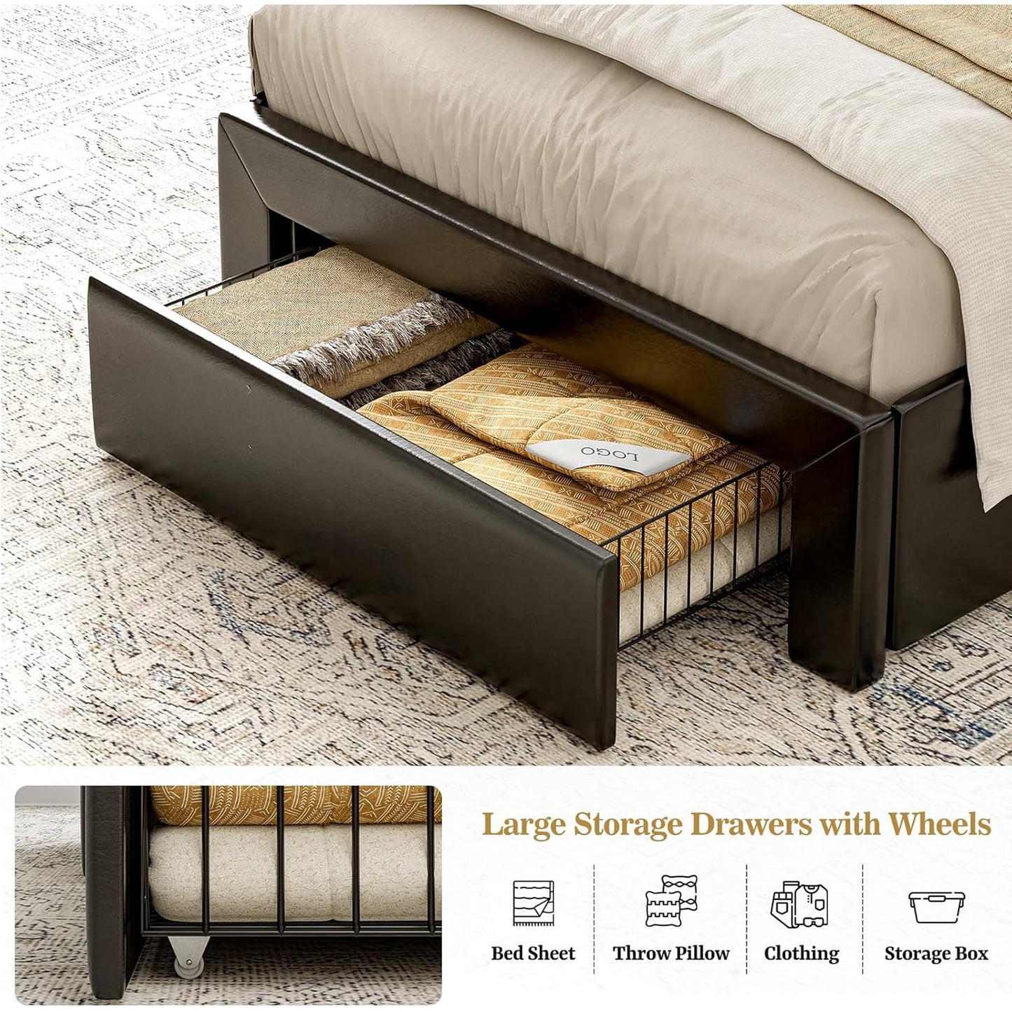 ARICOEASY Twin XL Bed Frames with Hidden Storage Headboard & Drawers, Upholstered Twin XL Platform Bed with LED Lights, Type-C Charging Station, No Box Spring Needed, Solid Wood Slats