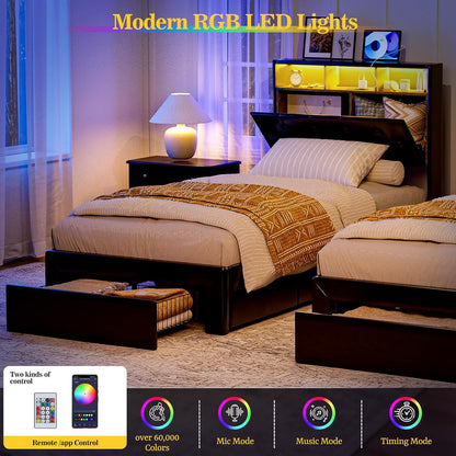 ARICOEASY Twin XL Bed Frames with Hidden Storage Headboard & Drawers, Upholstered Twin XL Platform Bed with LED Lights, Type-C Charging Station, No Box Spring Needed, Solid Wood Slats
