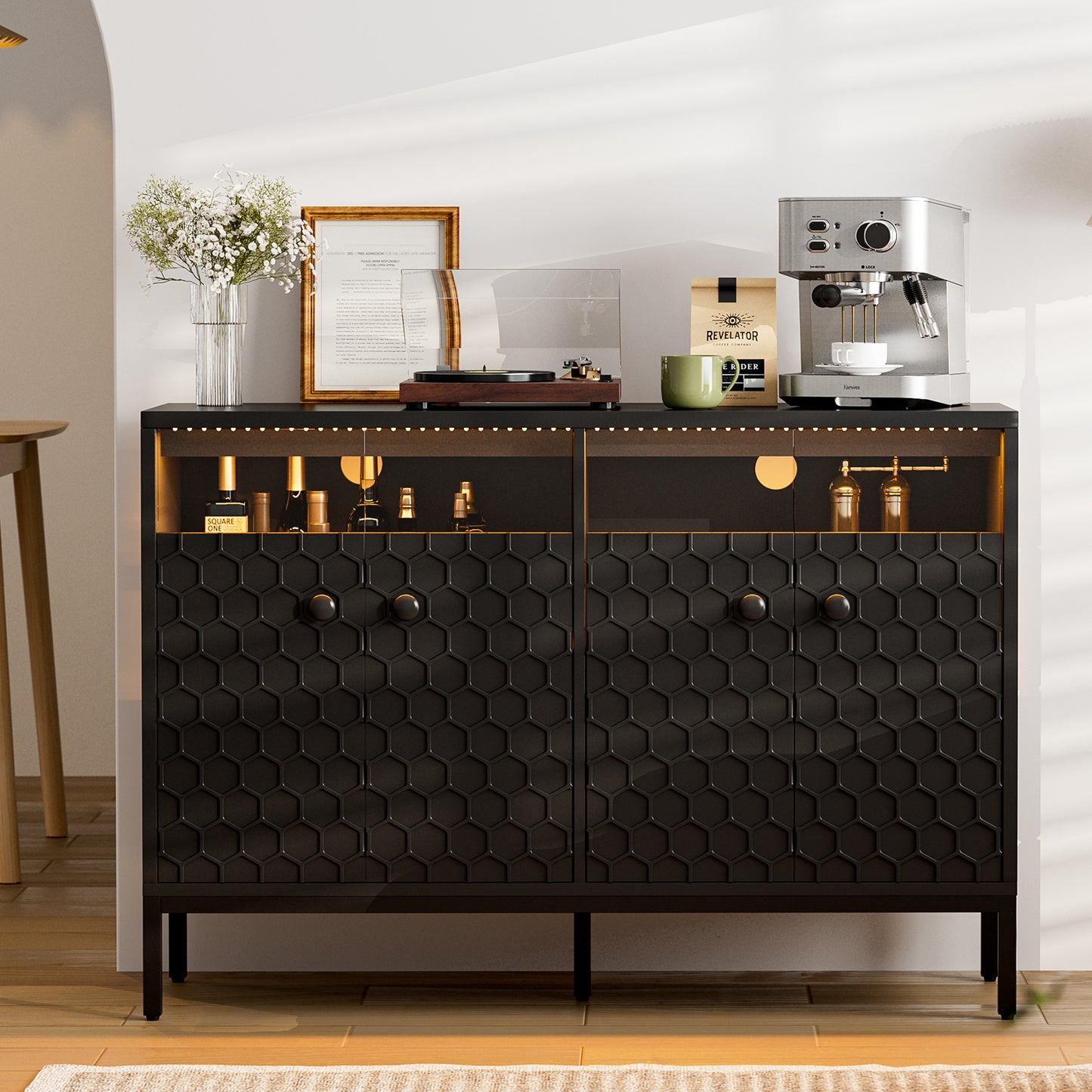 LED Buffet Cabinet with Power Outlet,4 Doors Sideboard Cabinet Table