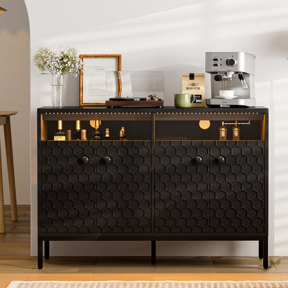 LED Buffet Cabinet with Power Outlet,4 Doors Sideboard Cabinet Table