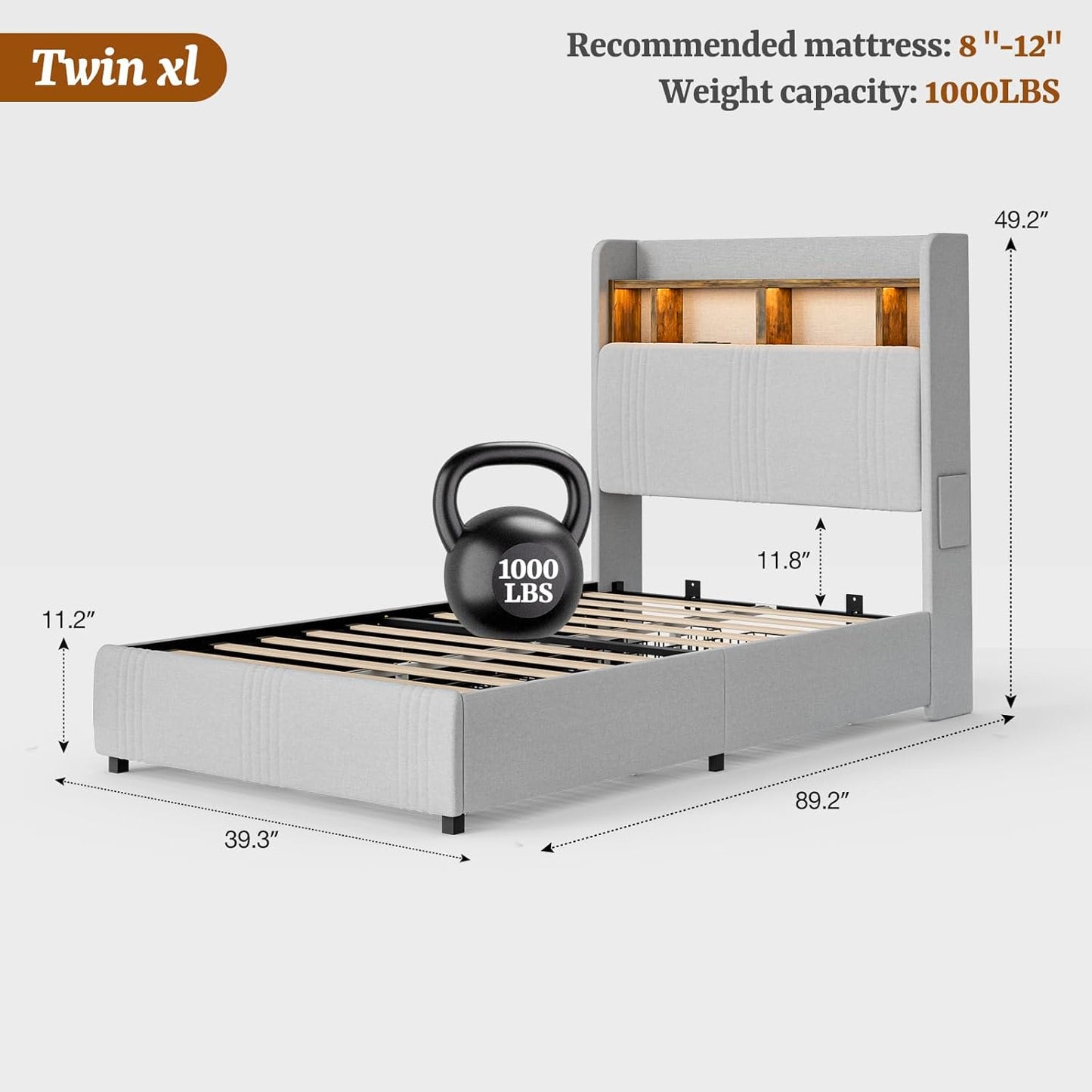 ARICOEASY Twin XL Upholstered Bed Frame with Storage Headboard & 4 Drawers, 49.2” Tall Wingback Platform Bed with RGB LED Lights & Charging Station, No Box Spring Needed, Noise-Free