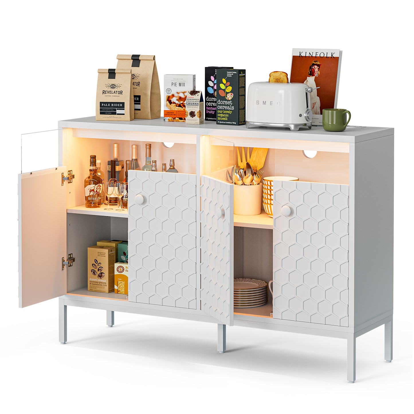 LED Buffet Cabinet with Power Outlet,4 Doors Sideboard Cabinet Table