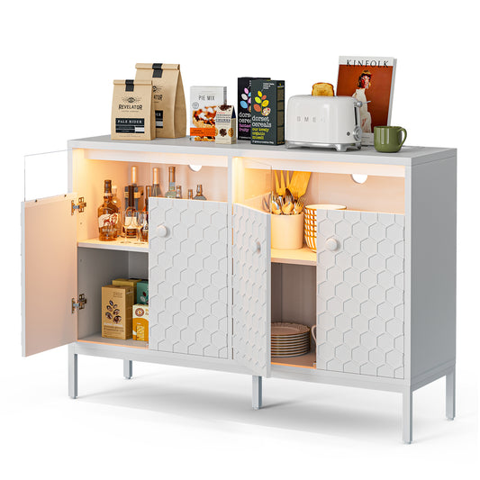 LED Buffet Cabinet with Power Outlet,4 Doors Sideboard Cabinet Table