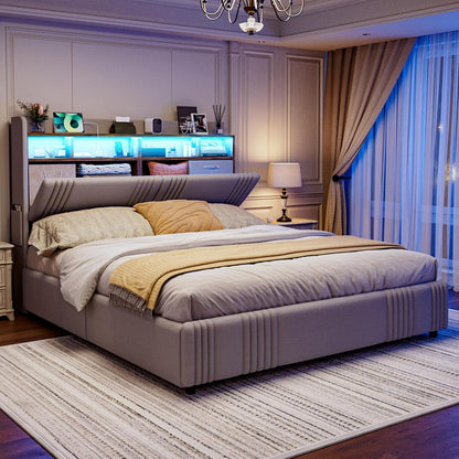 ARICOEASY King Bed Frame with Storage Headboard & 4 Drawers, Upholstered Wingback Platform Bed with LED Lights & Charging Station, 49” Tall Headboard, No Box Spring Needed, Noise-Free