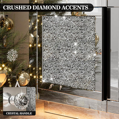 ARICOEASY Mirrored Fireplace TV Stand for 65+ Inch TV, Crushed Diamond Silver Media Entertainment Center with RGB LED Light