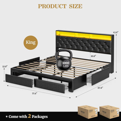 ARICOEASY King Bed Frame with Hidden Storage Headboard & 4 Drawers, Upholstered Button Tufted Platform Bed with LED Lights and Charging Station, No Box Spring Needed, Solid Wood Slats