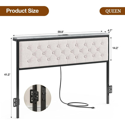 ARICOEASY Queen Size Storage Headboard with Charging Station, Upholstered Button Tufted Headboard, Easy Assembly