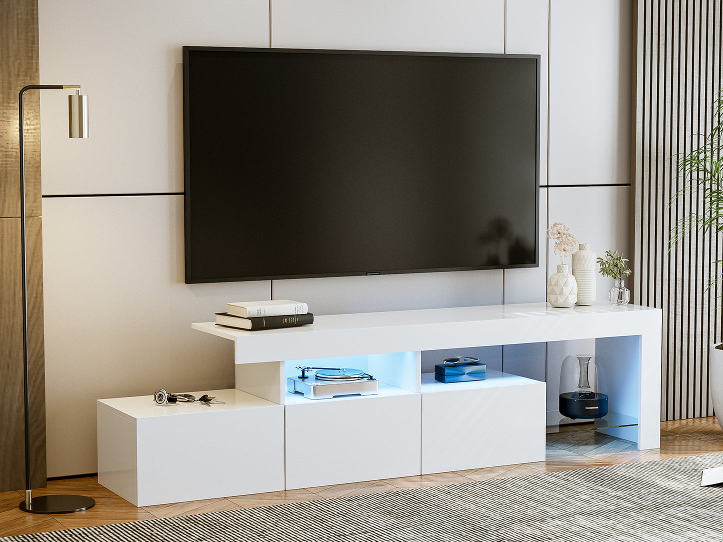 LED TV Stand for 75+ inch TV, Entertainment Center w/Colors Lights & 3 Storage Cabinets