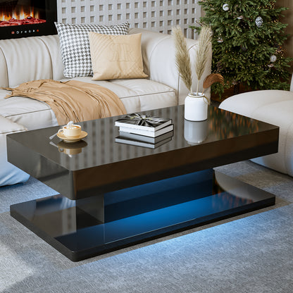 LED Coffee Table 2-Tier Rectangle Living Room Center Table with 16 Colors Lights