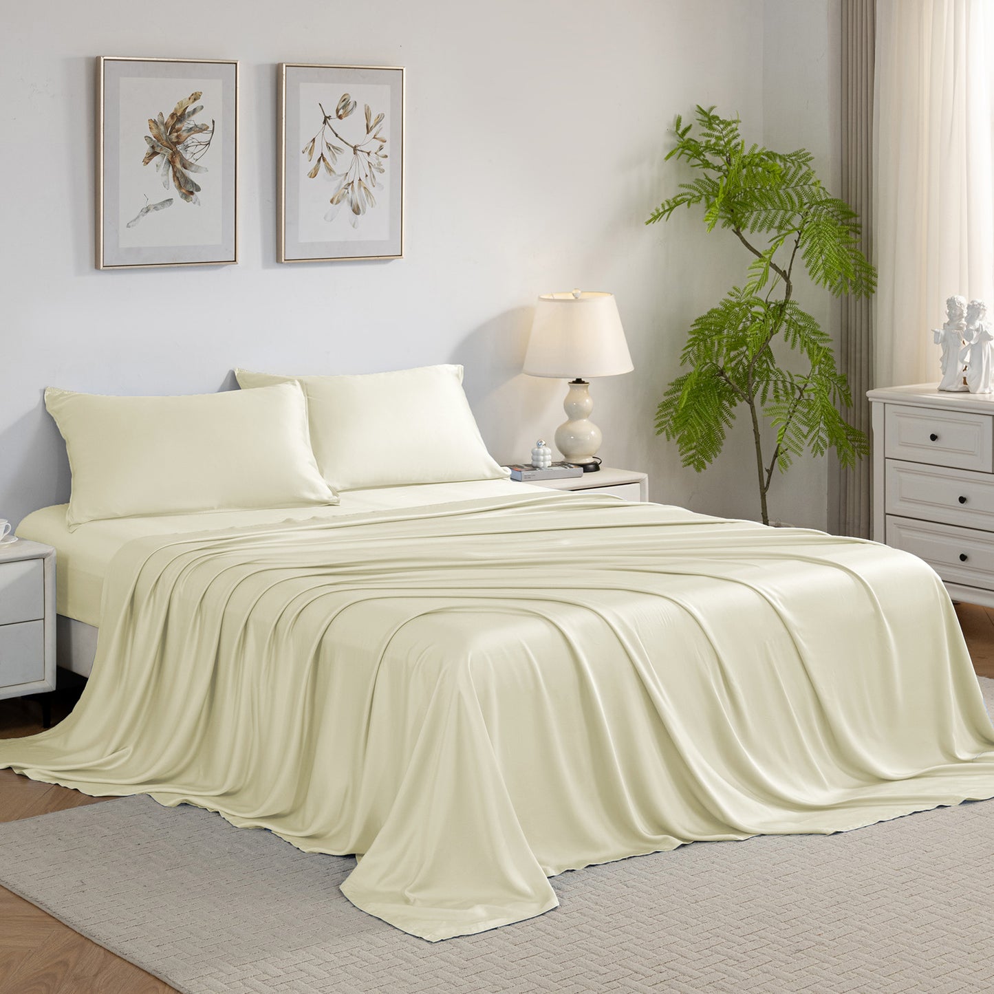 Bed Sheet Set-4 Piece 16” Deep Pocket, Ultra Soft Breathable Silky Bedding Sheets & Pillowcases-Beige