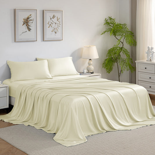 Bed Sheet Set-4 Piece 16” Deep Pocket, Ultra Soft Breathable Silky Bedding Sheets & Pillowcases-Beige
