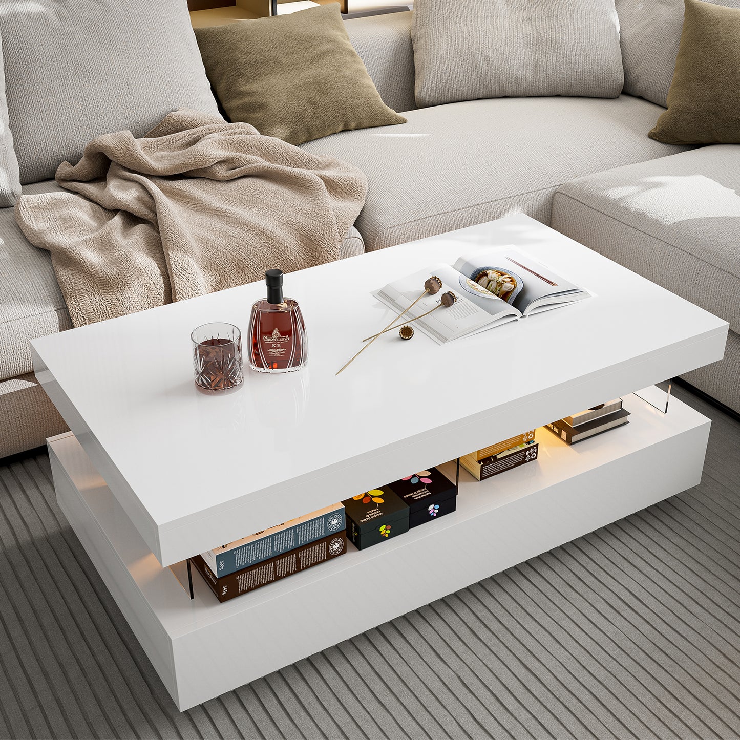 LED Coffee Table with Open Space 2 Storage Drawers 16 Colors LED Lights