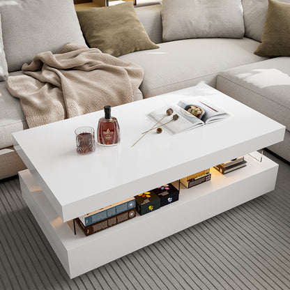 LED Coffee Table with Open Space 2 Storage Drawers 16 Colors LED Lights