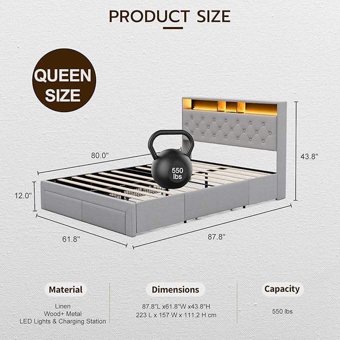 LED Bed Frame with 4 Storage Drawers, Hidden Storage Headboard with Charging Station No Box Spring