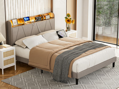 LED Bed Frame with Charging Station & Storage Shelf Upholstered Headboard,No Box Spring Needed