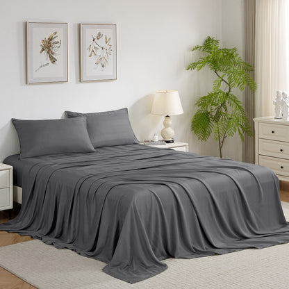 Bed Sheet Set-4 Piece 16” Deep Pocket, Striped Jacquard Ultra Soft Breathable Silky Bedding Sheets & Pillowcases-Grey