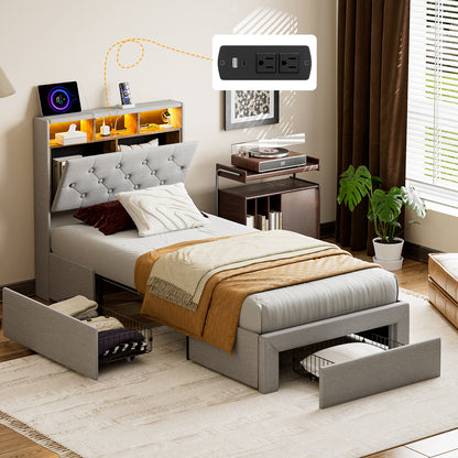 Twin XL Bed Frames with Hidden Storage Headboard & 3 Drawers & LED Lights & Charging Station