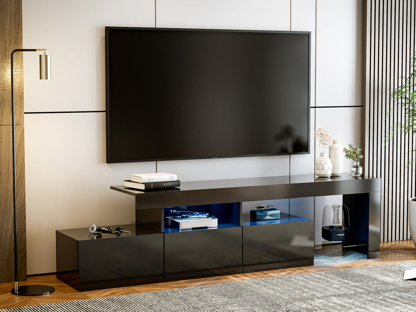 LED TV Stand for 75+ inch TV, Entertainment Center w/Colors Lights & 3 Storage Cabinets