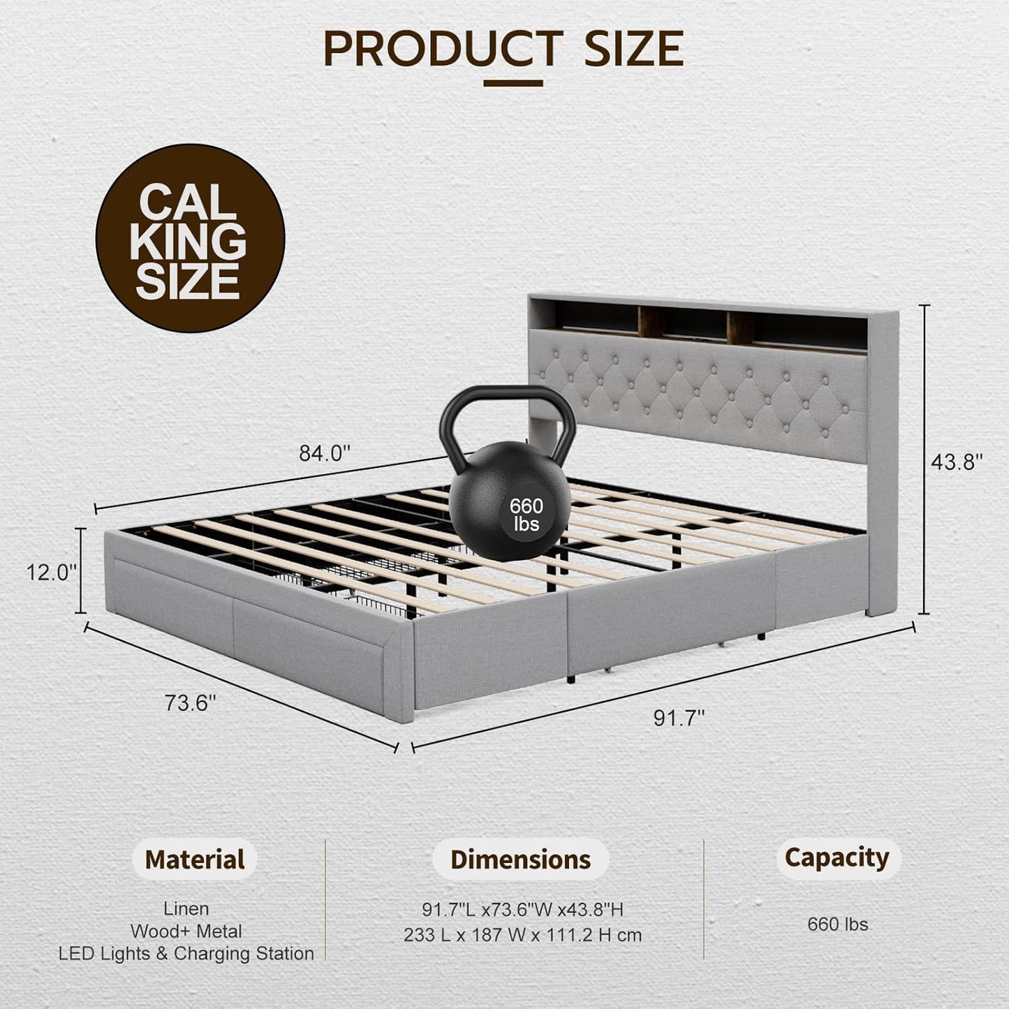 LED Bed Frame with 4 Storage Drawers, Hidden Storage Headboard with Charging Station No Box Spring