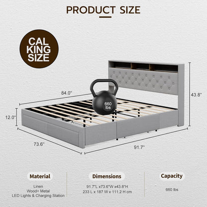 LED Bed Frame with 4 Storage Drawers, Hidden Storage Headboard with Charging Station No Box Spring