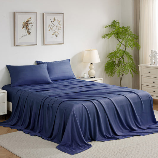 Bed Sheet Set-4 Piece 16” Deep Pocket, Striped Jacquard Ultra Soft Breathable Silky Bedding Sheets & Pillowcases-Dark Blue