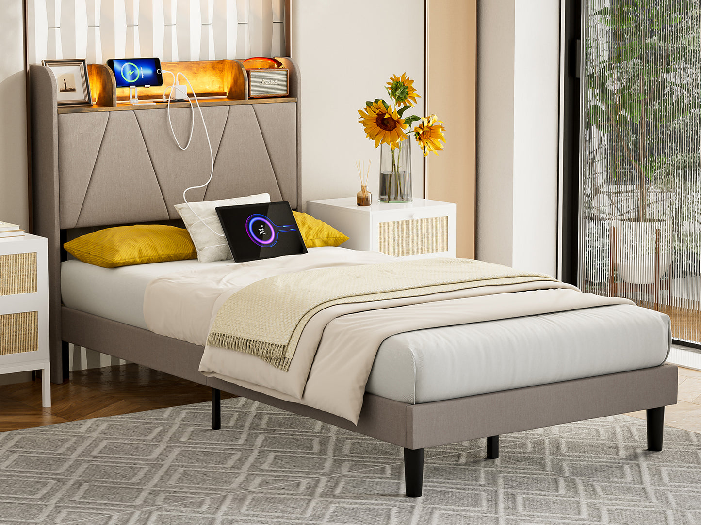 LED Bed Frame with Charging Station & Storage Shelf Upholstered Headboard,No Box Spring Needed