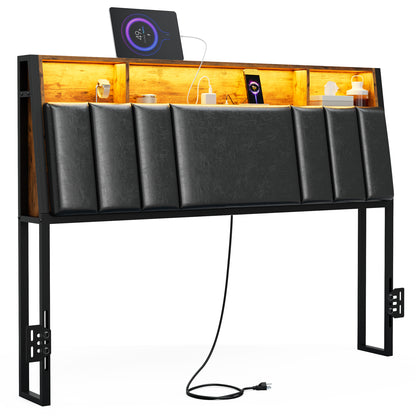 Headboard with Charging Station, LED Lights and Hidden Storage