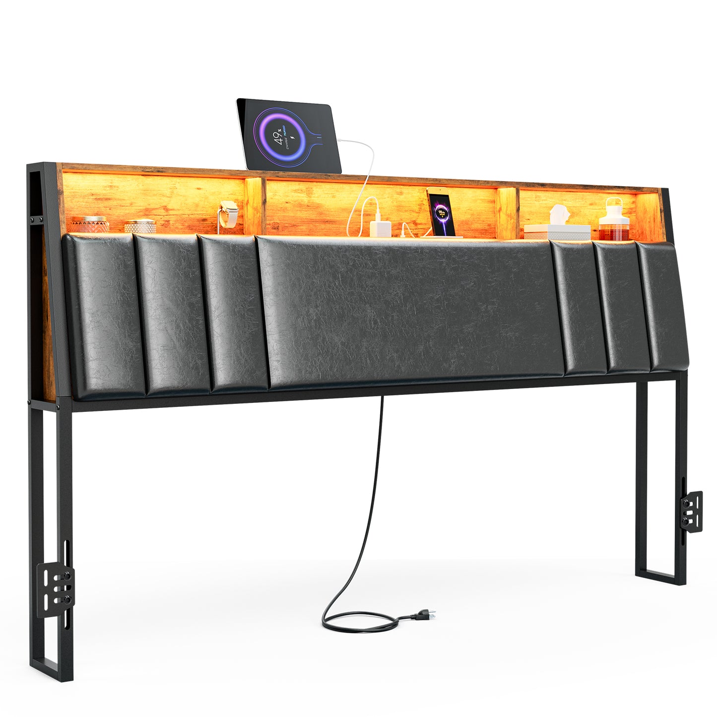 Headboard with Charging Station, LED Lights and Hidden Storage