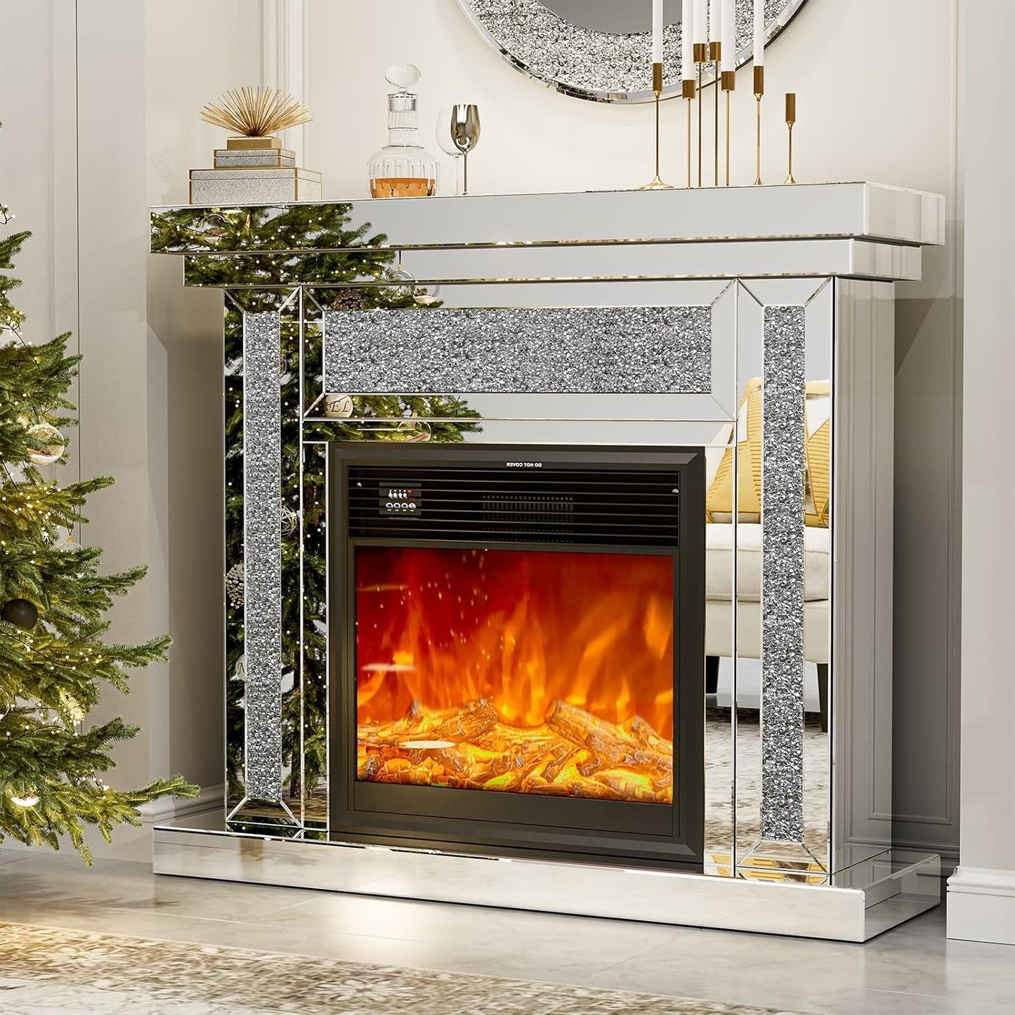 Mirrored Electric Fireplace TV Stand, LED Mantel Freestanding Heater