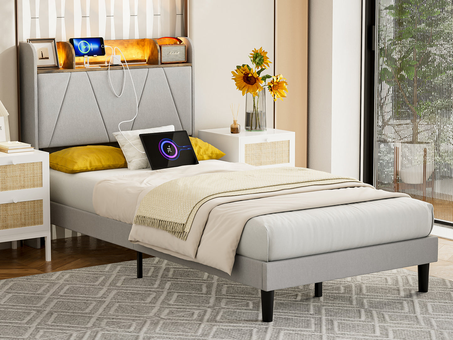 LED Bed Frame with Charging Station & Storage Shelf Upholstered Headboard,No Box Spring Needed