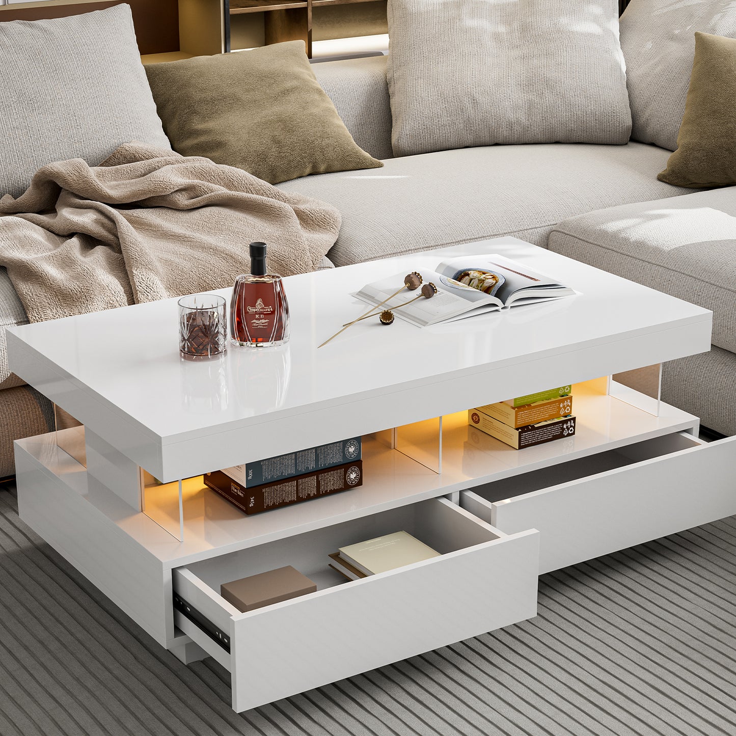 LED Coffee Table with Open Space 2 Storage Drawers 16 Colors LED Lights