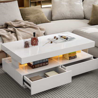 LED Coffee Table with Open Space 2 Storage Drawers 16 Colors LED Lights