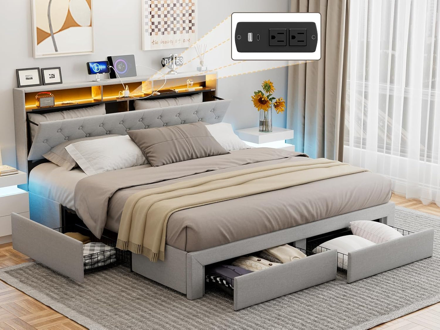 LED Bed Frame with 4 Storage Drawers, Hidden Storage Headboard with Charging Station No Box Spring