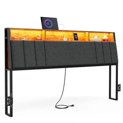 Headboard with Charging Station, LED Lights and Hidden Storage