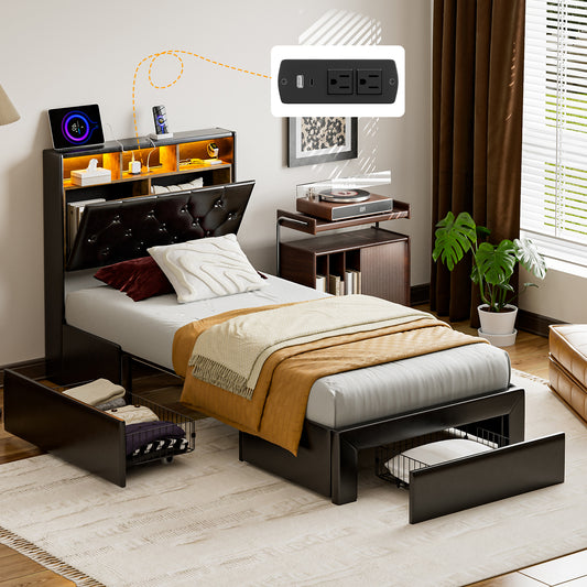 Twin XL Bed Frames with Hidden Storage Headboard & 3 Drawers & LED Lights & Charging Station