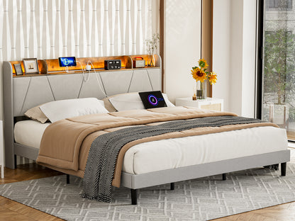 LED Bed Frame with Charging Station & Storage Shelf Upholstered Headboard,No Box Spring Needed