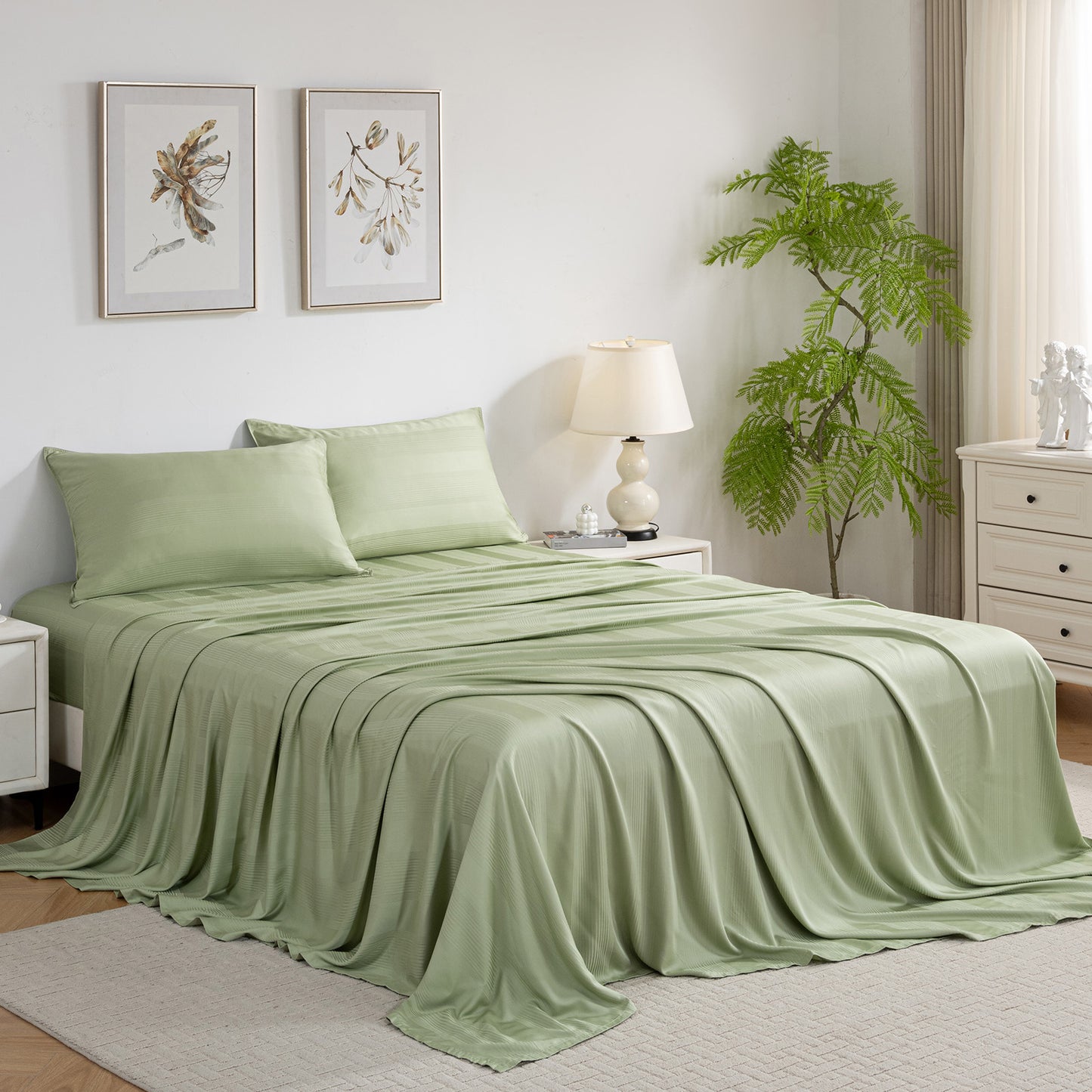 Bed Sheet Set-4 Piece 16” Deep Pocket, Striped Jacquard Ultra Soft Breathable Silky Bedding Sheets & Pillowcases-Green