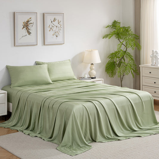 Bed Sheet Set-4 Piece 16” Deep Pocket, Striped Jacquard Ultra Soft Breathable Silky Bedding Sheets & Pillowcases-Green