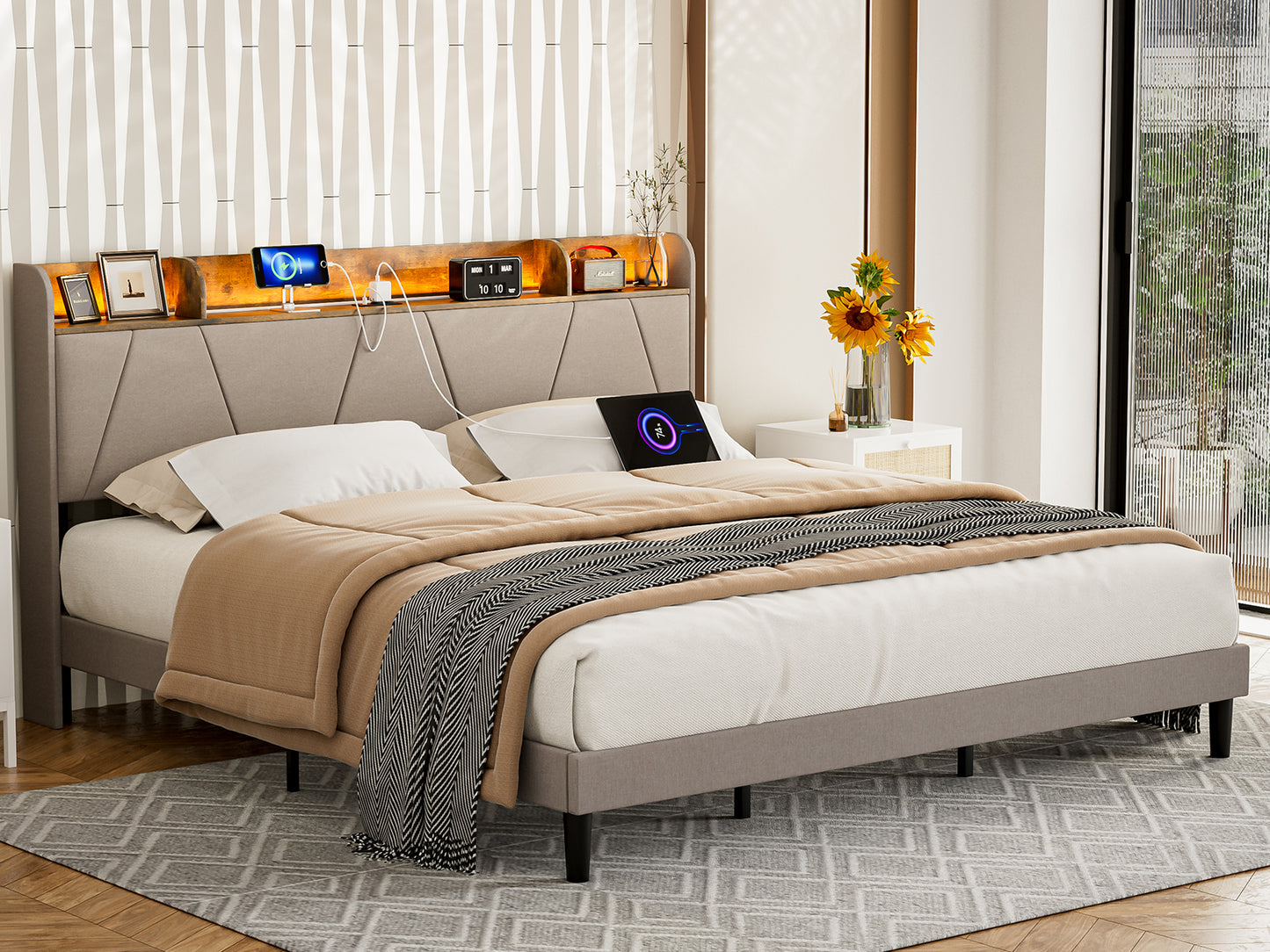 LED Bed Frame with Charging Station & Storage Shelf Upholstered Headboard,No Box Spring Needed