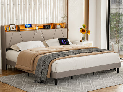 LED Bed Frame with Charging Station & Storage Shelf Upholstered Headboard,No Box Spring Needed