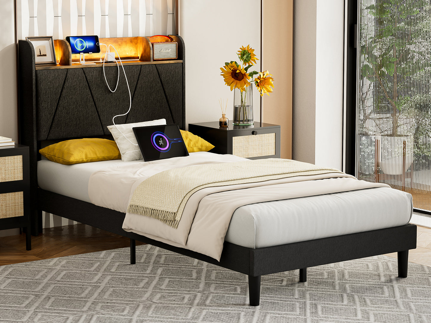LED Bed Frame with Charging Station & Storage Shelf Upholstered Headboard,No Box Spring Needed