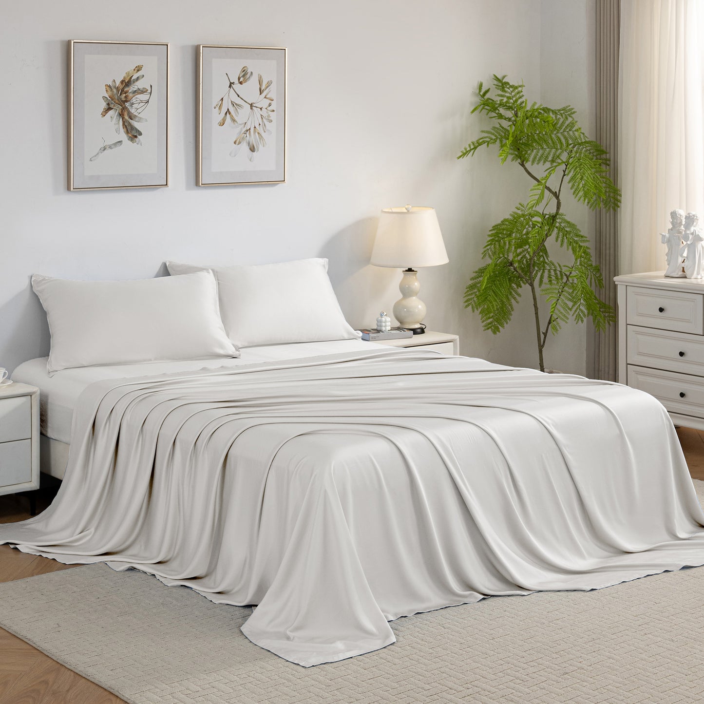 Bed Sheet Set-4 Piece 16” Deep Pocket, Ultra Soft Breathable Silky Bedding Sheets & Pillowcases-White