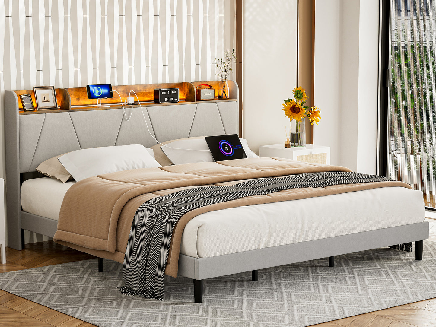 LED Bed Frame with Charging Station & Storage Shelf Upholstered Headboard,No Box Spring Needed