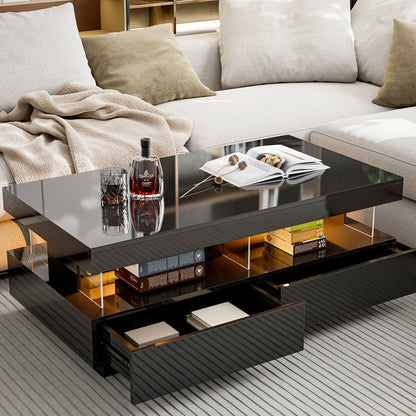 LED Coffee Table with Open Space 2 Storage Drawers 16 Colors LED Lights