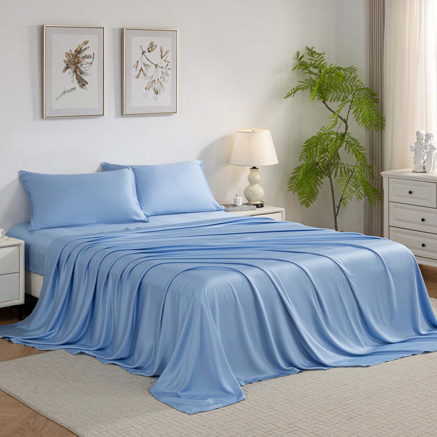 Bed Sheet Set-4 Piece 16” Deep Pocket, Ultra Soft Breathable Silky Bedding Sheets & Pillowcases-Light Blue