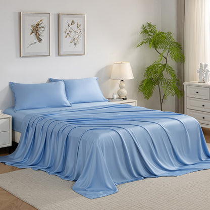 Bed Sheet Set-4 Piece 16” Deep Pocket, Ultra Soft Breathable Silky Bedding Sheets & Pillowcases-Light Blue